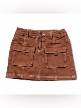 Brown Cargo Mini Skirt Y2K Utility Stretch Waist 26 Fits S